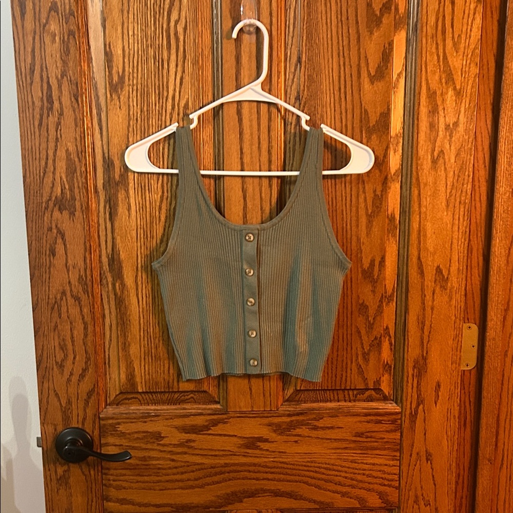 Divided Khaki Button-Front Ribbed Crop Top